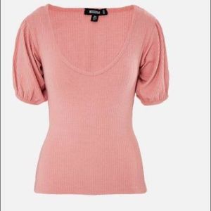 Missguided Pink Rib V Neck Puff Sleeve Top